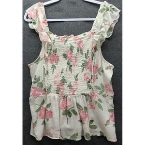 Old Navy Baby Doll Smocked Top L Cream w Roses 90s Y2K Festival Boho Hippie Wear